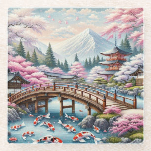 Japans landschap met brug-, koi- en sakura-bomen glazen onderzetter