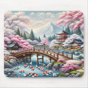 Japans landschap met brug-, koi- en sakura-bomen muismat