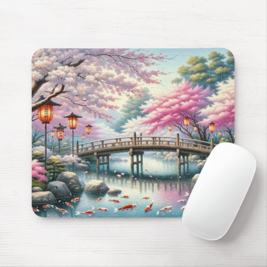 Japans landschap met brug-, koi- en sakura-bomen muismat (Met muis)