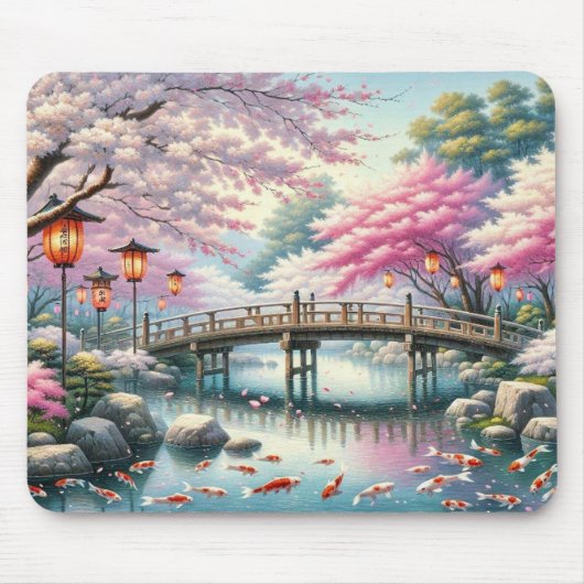 Japans landschap met brug-, koi- en sakura-bomen muismat (Voorkant)