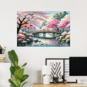 Japans landschap met brug-, koi- en sakura-bomen poster (Thuiskantoor)