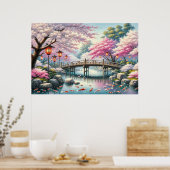 Japans landschap met brug-, koi- en sakura-bomen poster (Keuken)