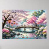 Japans landschap met brug-, koi- en sakura-bomen poster (Voorkant)