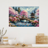 Japans landschap met brug-, koi- en sakura-bomen poster (Keuken)