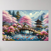 Japans landschap met brug-, koi- en sakura-bomen poster (Voorkant)