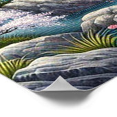 Japans landschap met brug-, koi- en sakura-bomen poster (Hoek)