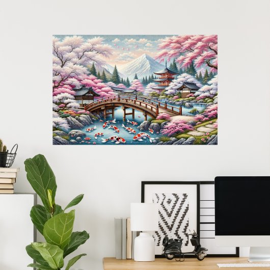 Japans landschap met brug-, koi- en sakura-bomen poster (Thuiskantoor)