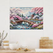 Japans landschap met brug-, koi- en sakura-bomen poster (Keuken)
