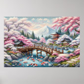 Japans landschap met brug-, koi- en sakura-bomen poster (Voorkant)