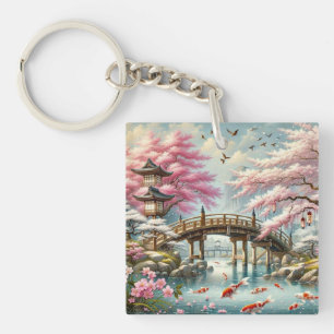 Japans landschap met brug-, koi- en sakura-bomen sleutelhanger