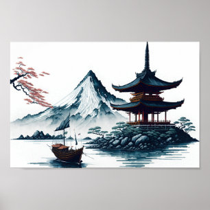 Japans landschap met pagode poster