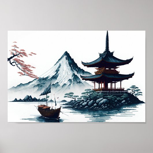 Japans landschap met pagode poster (Voorkant)
