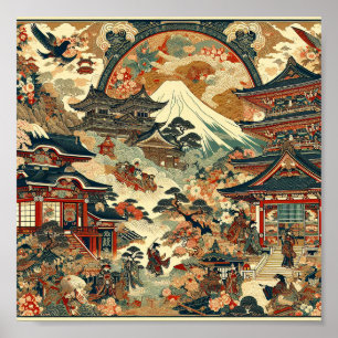 Japans Landschap Mt Fuji Tempels Kersenbloesem Poster