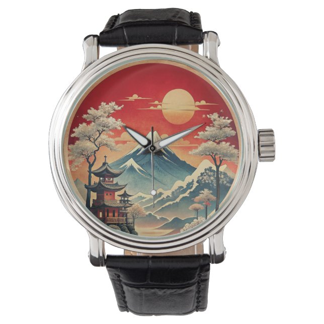 Japans Landschap Muur Klok Polshorloge Horloge (Voorkant)