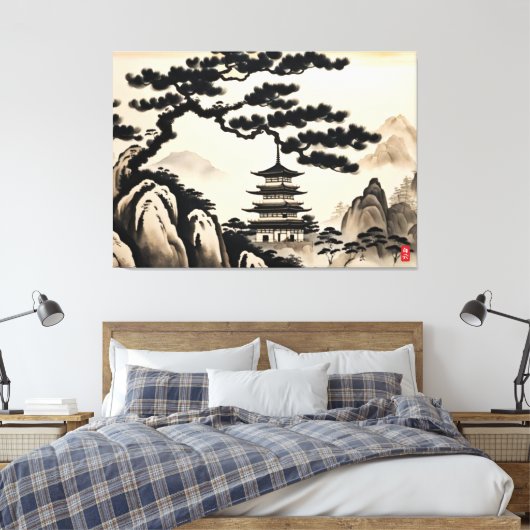 Japans Landschapsinkt Schilderen Canvas Afdruk (Insitu (Slaapkamer))