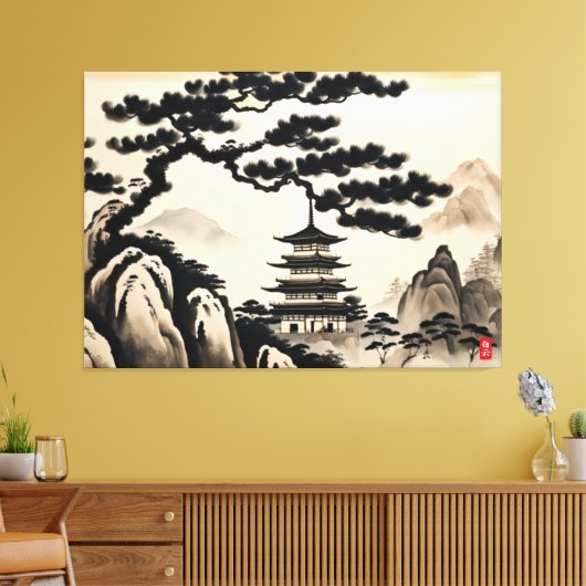 Japans Landschapsinkt Schilderen Canvas Afdruk (Insitu (Woonkamer))