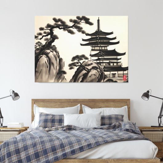 Japans Landschapsinkt Schilderen Canvas Afdruk (Insitu (Slaapkamer))
