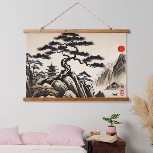 Japans Landschapsinkt Schilderen Hangend Wandkleed (Slaapkamer)