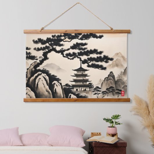 Japans Landschapsinkt Schilderen Hangend Wandkleed (Slaapkamer)