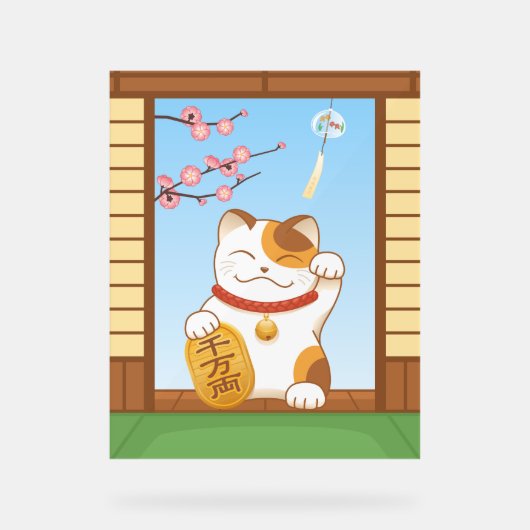 Japans Lucky Calico Cat, Maneki Neko Acryl Bord (Voorkant)