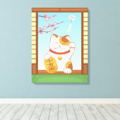 Japans Lucky Calico Cat, Maneki Neko Canvas Afdruk (Insitu (Houten vloer))