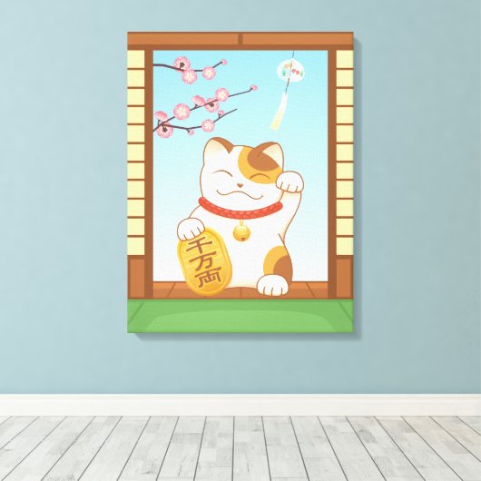 Japans Lucky Calico Cat, Maneki Neko Canvas Afdruk (Insitu (Houten vloer))