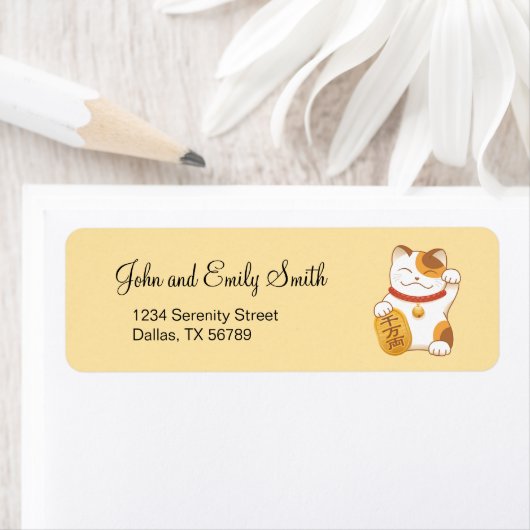 Japans Lucky Calico Cat, Maneki Neko Etiket (Insitu)