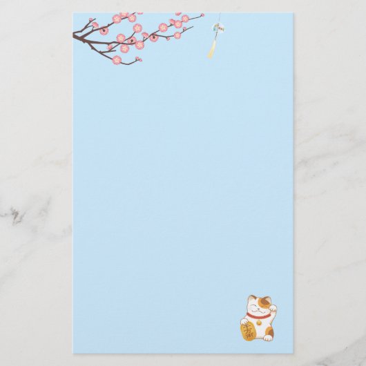 Japans Lucky Calico Kat, Maneki Neko Blauw Briefpapier (Voorkant)