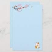Japans Lucky Calico Kat, Maneki Neko Blauw Briefpapier (Voorkant / Achterkant)
