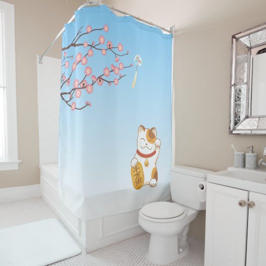 Japans Lucky Cat, Calico Maneki Neko Douchegordijn (In situ)