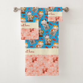 Japans Lucky Cat Kimono Blauw Roze Koi Karper Bad Handdoek