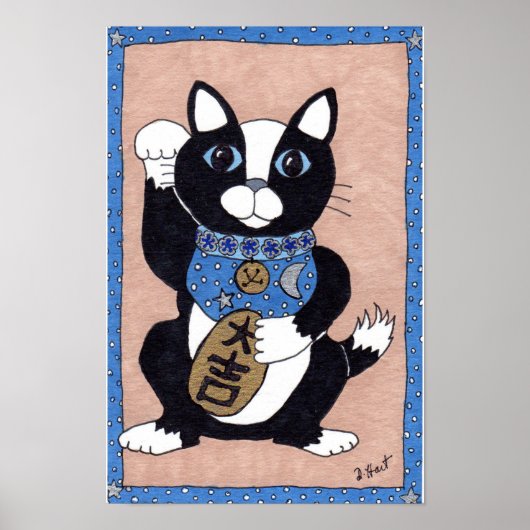 Japans Lucky Tuxedo Cat Maneki Neko Folk Art Poster (Voorkant)