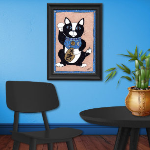 Japans Lucky Tuxedo Cat Maneki Neko Folk Art Poster