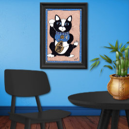 Japans Lucky Tuxedo Cat Maneki Neko Folk Art Poster