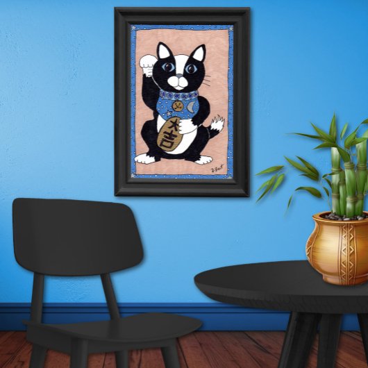 Japans Lucky Tuxedo Cat Maneki Neko Folk Art Poster