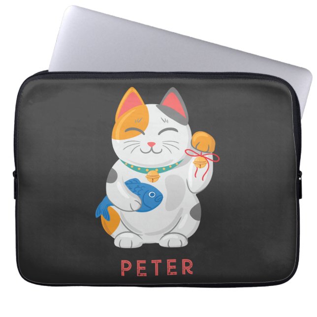 Japans Maneki Neko White Cat, gelukssymbool Laptop Sleeve (Voorkant)