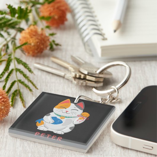 Japans Maneki Neko White Cat, gelukssymbool Sleutelhanger (Voorkant Rechts)