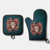 Japans masker versierd met bloemen. ovenwant & pannenlap set (Voorkant)
