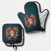 Japans masker versierd met bloemen. ovenwant & pannenlap set (Voorkant / Achterkant)