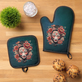 Japans masker versierd met bloemen. ovenwant & pannenlap set