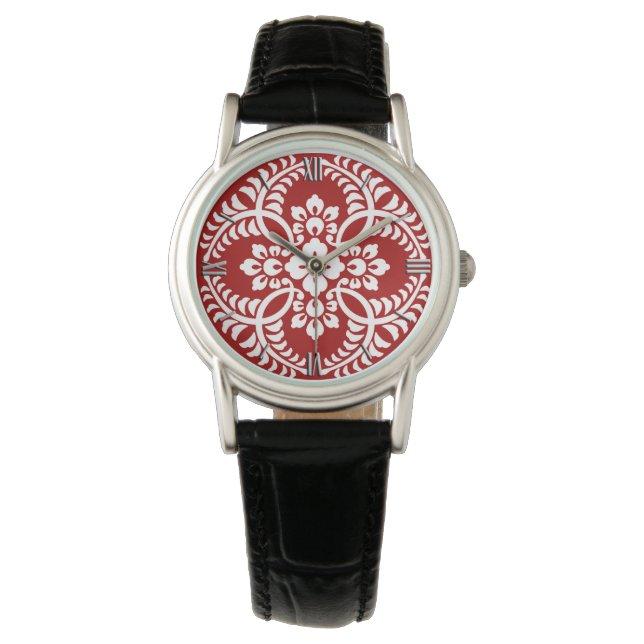 Japans Medallion Pattern, Deep Red en White Horloge (Voorkant)