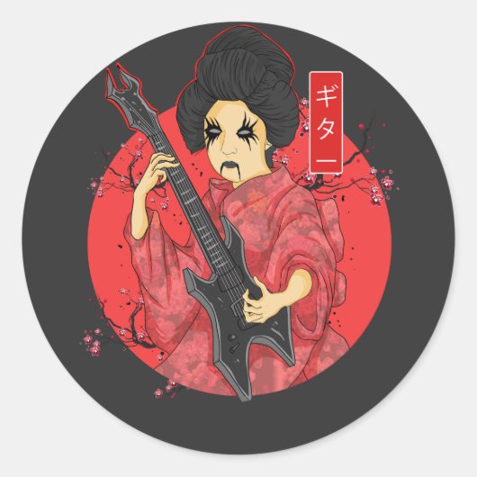 Japans meisje dat gitaar speelt ronde sticker (Voorkant)