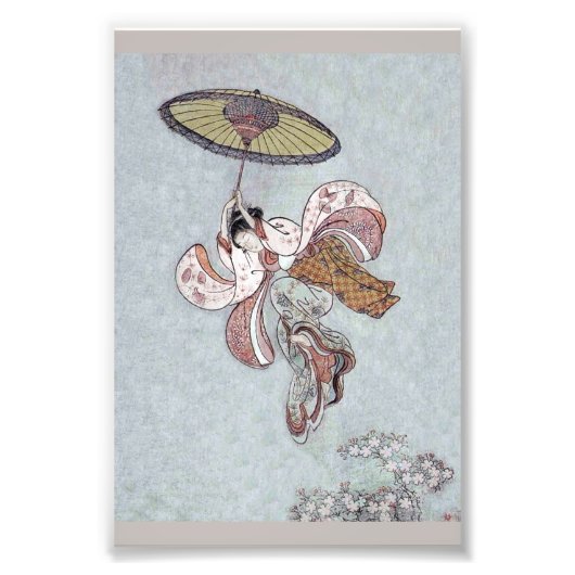 Japans meisje dat vliegt met Umbrella Foto Afdruk (Voorkant)