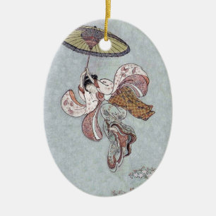 Japans meisje dat vliegt met Umbrella Keramisch Ornament