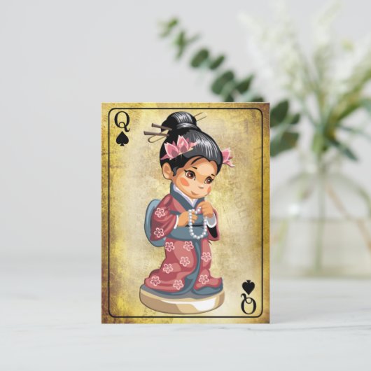 Japans meisje in kimono dat een parelketting houdt briefkaart (Staand voorkant)