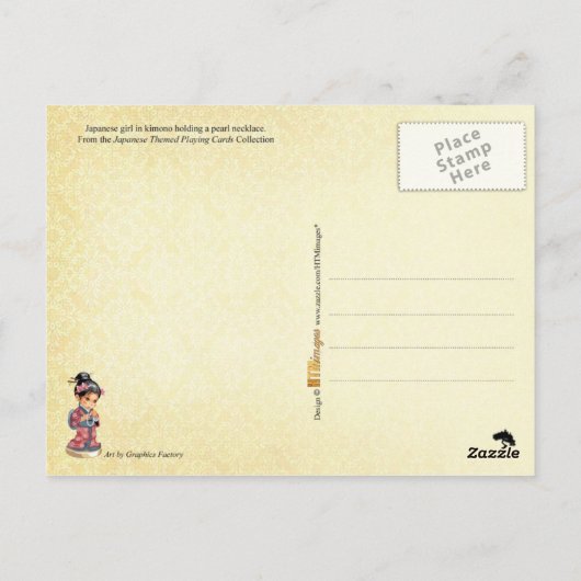 Japans meisje in kimono dat een parelketting houdt briefkaart (Achterkant)