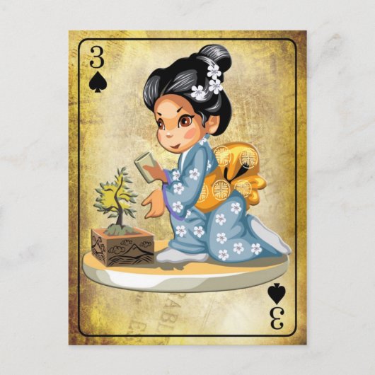 Japans meisje in kimono die een bonsai-boom bewate briefkaart (Voorkant)