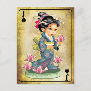 Japans meisje in kimono die lotusbloemen plukt briefkaart