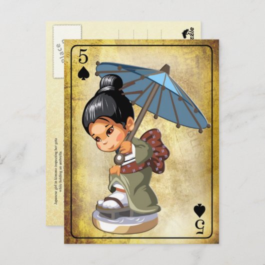 Japans meisje in kimono inspecteert haar schoeisel briefkaart (Voorkant / Achterkant)