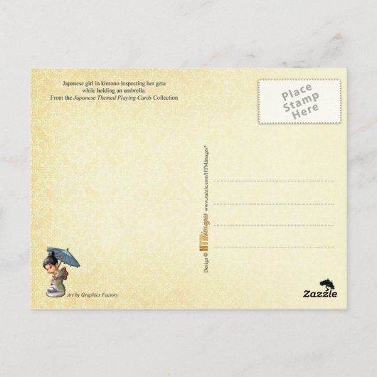 Japans meisje in kimono inspecteert haar schoeisel briefkaart (Achterkant)